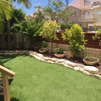 עציצים עם צמחים ופרחים על דשא מלאכותי