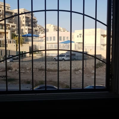 סורגים שחורים על חלון עם נוף עירוני