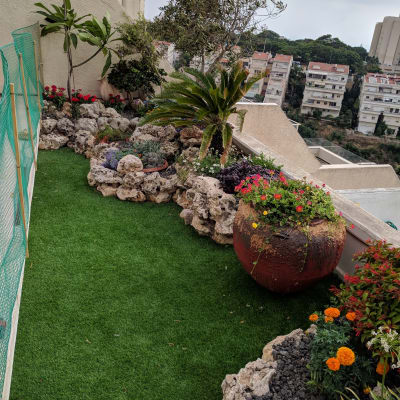 גינה עם דשא מלאכותי, עציצים ופרחים צבעוניים