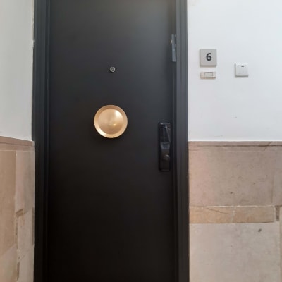 דלת שחורה עם ידית זהב ומנעול חכם