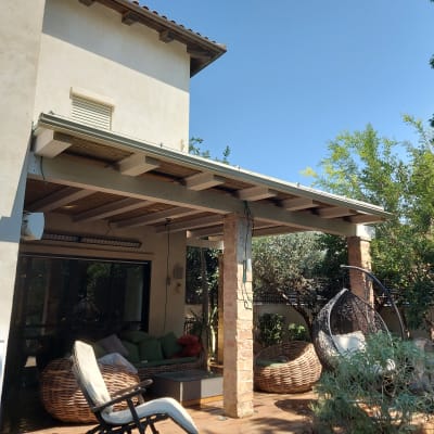 כיסא נדנדה בגינה עם צמחייה מסביב