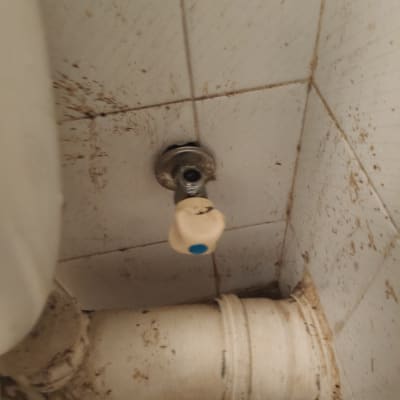 ברז מים עם ידית פלסטיק כחולה על צינור