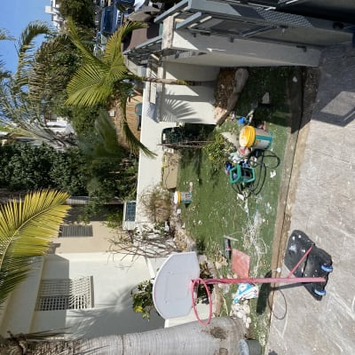 כלי גינון, דלי, צינור, עלים, דשא מלאכותי