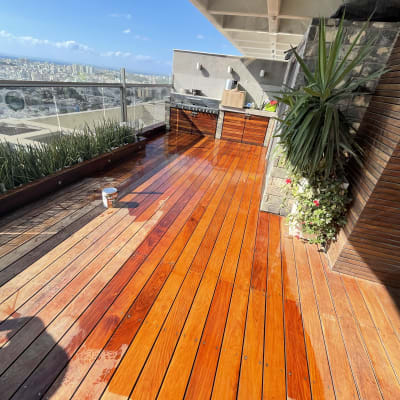 מרפסת עץ עם צמחייה וגריל חיצוני