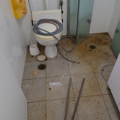 צינור על אסלה, רצפה רטובה, כלים סניטריים