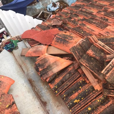 רעפים שבורים על גג עם כתמי לכלוך