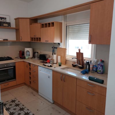 מטבח עם ארונות עץ, כיור, מוצרי ניקוי ומכשירי חשמל קטנים.