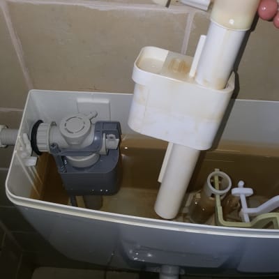 יד מחזיקה חלק במיכל הדחה של אסלה