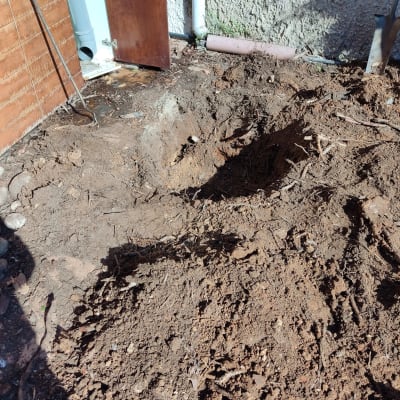 אדמה חפורה עם כלי גינון ליד קיר