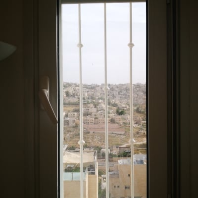 חלון עם סורגים לבנים ונוף עירוני