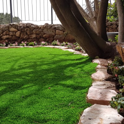 דשא ירוק, פרחים, אבנים, גזע עץ