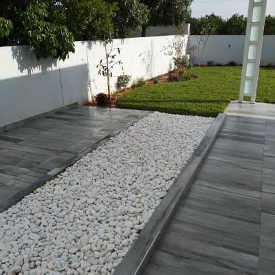 אבנים לבנות בגינה עם דשא ועצים