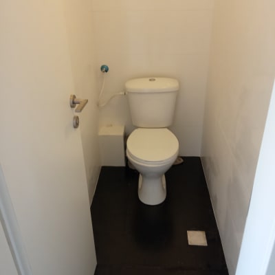 שירותים עם רצפה חדשה, קירות צבועים ולחצן הדחה