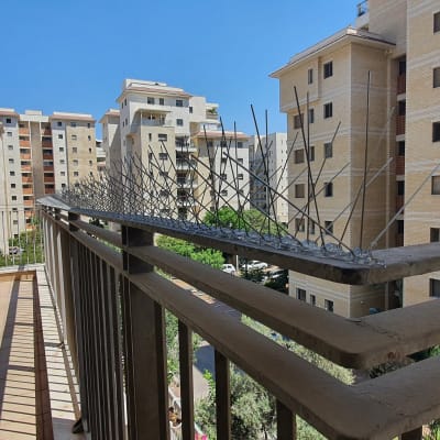 דוקרנים למניעת יונים מותקנים על מעקה מרפסת