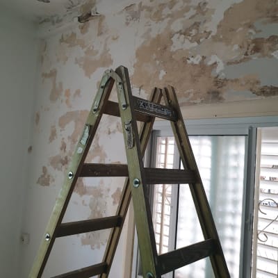 סולם עץ מול קיר מתקלף עם נזקי רטיבות