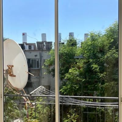 חלון אלומיניום עם נוף לעצים וצלחת לוויין