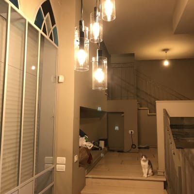 מנורות תלויות עם נורות חשמליות דולקות