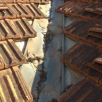 רעפים חומים על גג עם תעלה מרכזית