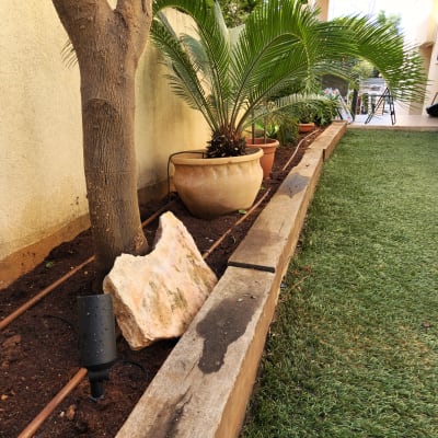 עציץ גדול עם צמח, צינורות השקיה, תאורת גינה