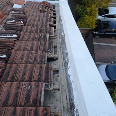 רעפים חומים על גג עם חלקים חסרים