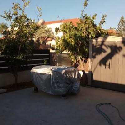 עצים וצלחת לוויין בגינה עם מחסן פלסטיק וצינור השקיה