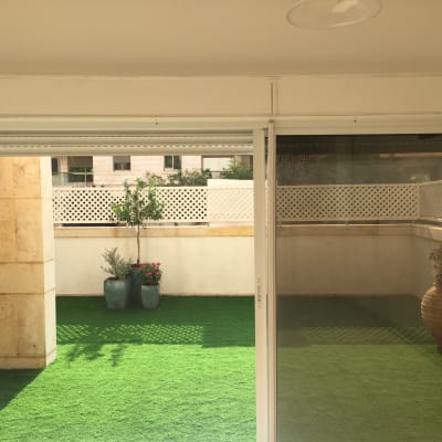 עציצים עם צמחים על דשא מלאכותי במרפסת