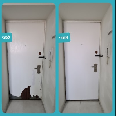 דלת לפני ואחרי ציפוי מחדש, כולל תיקון נזקים.