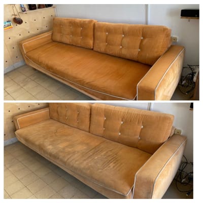 ספה כתומה לפני ואחרי ניקוי, כתמים נעלמו