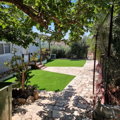 דשא סינטטי, שביל אבן, עצים ושתילים בגינה