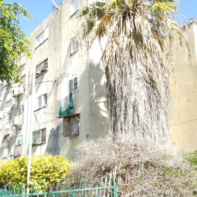 בניין מגורים עם חלונות ותריסים פתוחים