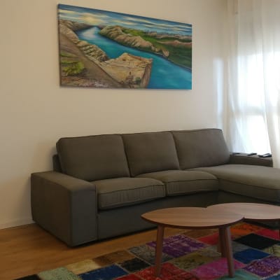 ציור נוף עם נהר והרים על קיר