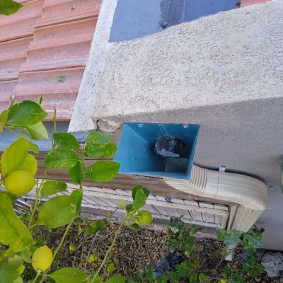 רעפים אדומים על גג עם צינור מרזב