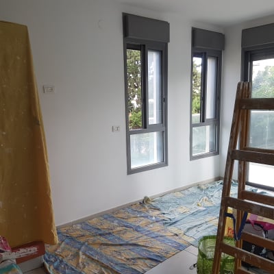 סולם עץ, יריעות מגן על הרצפה, קיר צבוע