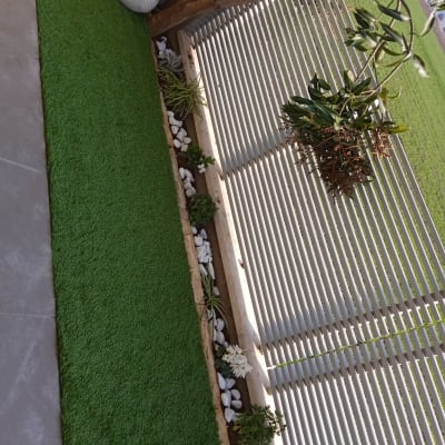 צמחייה ופרחים באדנית עם חלוקי נחל