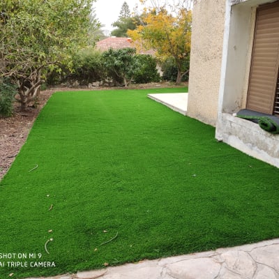 דשא סינתטי ירוק בחצר עם עצים מסביב
