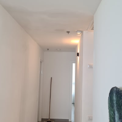 מסדרון עם קיר צבוע ולוח צבעים על הרצפה