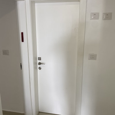 דלת לבנה עם ידית כסופה ומתגי תאורה