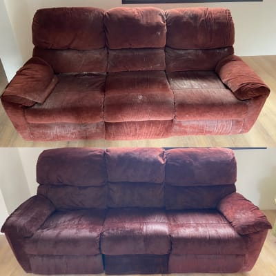 ספה חומה לפני ואחרי ניקוי, כתמים נעלמו