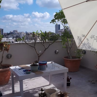 שולחן עם דלי צבע וכלי עבודה במרפסת