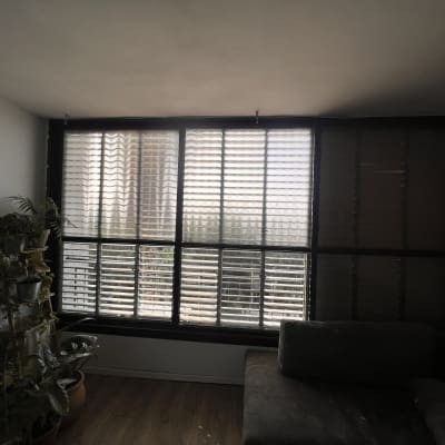 תריסים פתוחים למחצה בחלון גדול בסלון