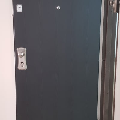 דלת מתכת כהה עם ידית כסופה ומנעול