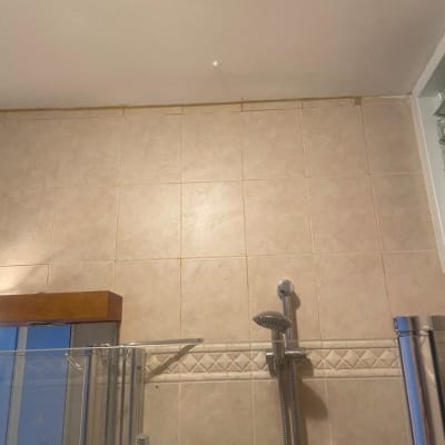 מקלחת עם אריחים, ראש מקלחת ומדף סבון