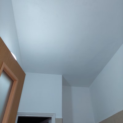 תקרה וקירות צבועים בלבן עם דלת עץ