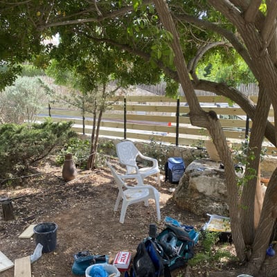 כלי עבודה ועץ בגינה עם גדר עץ ברקע