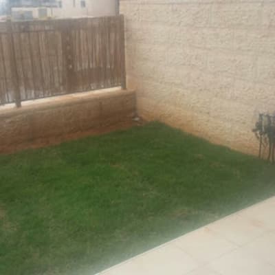 דשא ירוק עם מערכת השקיה צמודה לקיר