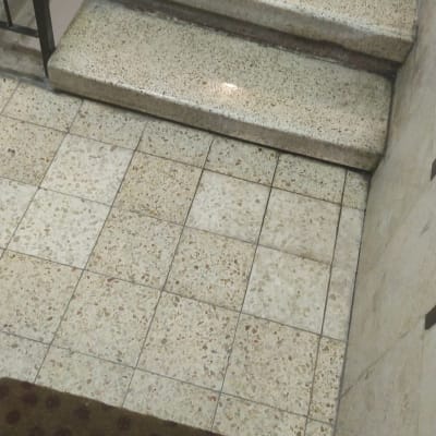 גרם מדרגות עם שטיחון על רצפת אריחים