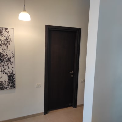 תמונה של עץ על קיר לבן ליד דלת כהה