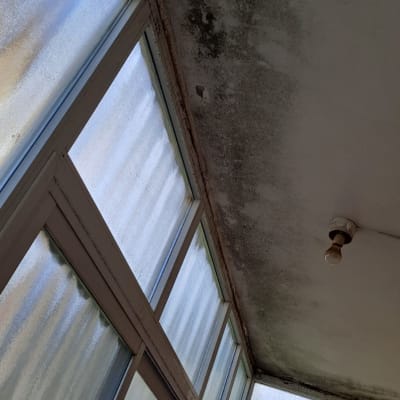 תקרה עם סימני רטיבות ליד חלונות זכוכית