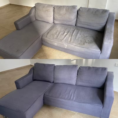 ספה לפני ואחרי ניקוי עם כתמים וניקוי מלא.