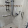shower with grab bars and showerhead